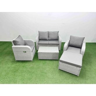 Fimous Light Grey pe Wicker Rattan Garden Furniture Set Sofa Set Reclining Adjustable Chair Rectangular Coffee Table 5 Seater With Footstool Side Table