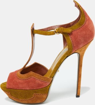 Sergio Rossi Tri Color Suede Platform Ankle Strap Sandals