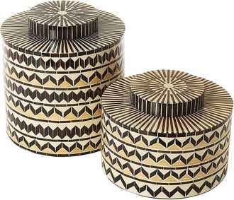 Tozai Home Home Set Of 2 Earth Tone Patterned Artisan Crafted Covered Jars