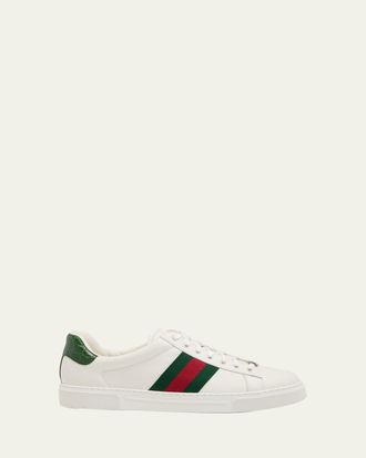 Gucci Mens Ace Leather Web Low-Top Sneakers