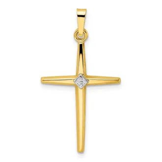Diamond2Deal 14k Two-tone Gold Polished Solid Diamond Shape Center Cross Pendant