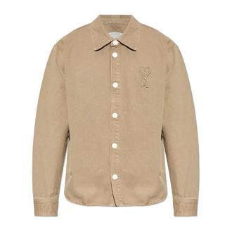 Ami Denim Jackets, male, Beige, Size: L Cotton Knitted Ami De Coeur Overshirt