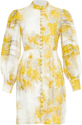 Zimmermann 2021 Botanica yellow grey linen Wattle floral puff sleeve dress Sz1 S