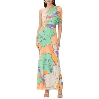 AFRM Mirabel One-Shoulder Maxi Dress in Scarf Floral at Nordstrom, Size X-Small