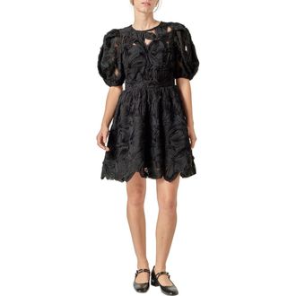 English Factory Flower Detail Puff Sleeve Dress in Black at Nordstrom, Size X-Small