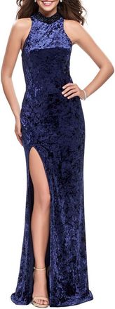 La Femme Long Crushed Velvet Prom Dress with Beaded Choker in Navy at Nordstrom, Size 00