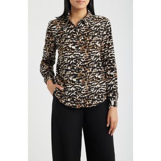 Anne Klein Print Button Front Shirt in Anne Black Multi at Nordstrom, Size X-Large