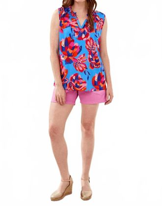 Tribal Notch Neck Frill Detail Printed Blouse In Turkish Sea