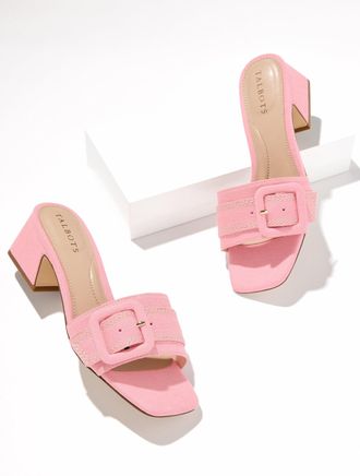 Talbots Kathryn Buckle Linen Block Heel Sandals - Pink Guava - 10 1/2 M Talbots