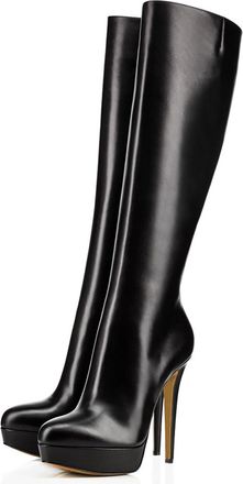Generic Womens Pointed Toe Knee High Boots Sexy Stiletto Heel Mid Calf Boots Fashion Leather Solid Color Side Zipper Wide Calf Boots Comfort Dress Boots Class