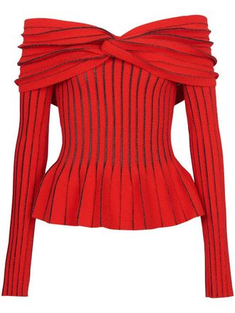 Balmain knotted off-shoulder top - women - Viscose/Polyester - 36 - Red