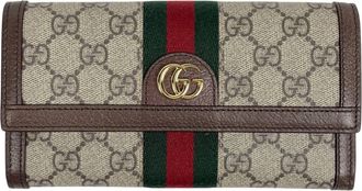 Gucci Beige Brown Gg Canvas Leather Long Wallet (Bi-Fold) (Pre-Owned)