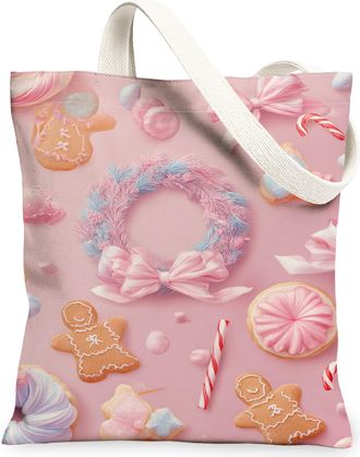 Generic Christmas Gingerbread Canvas Tote Bags, Festive Candy Pattern Reusable Grocery Bags, Winter Vintage Lightweight Washable Fo, Peach, 13x15 Inch
