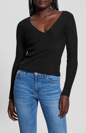 Guess Cirila V-Neck Rib Sweater in Jet Black at Nordstrom, Size X-Small