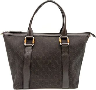 Gucci Dark Brown Canvas Bamboo Leather Tote Bag (Pre-Owned)