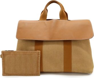 Herm&egrave;s Brown Toile Chevron Leather Handbag Tote Bag (Pre-Owned)