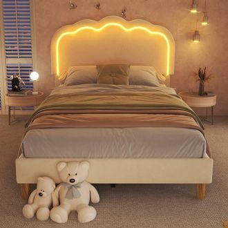 Merax 3FT Single Velvet Upholstered Bed with LED Adjustable Headboard in Beige