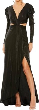 Mac Duggal Princess Sleeve Cut Out Gown In Metallic Black