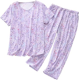 Generic Ladies Cotton Pyjamas Short Sleeve - Women Pyjamas Sets Cotton Short Sleeve Nightwear Sleepwear Pj Sets Lounge Sleepwear Letter Print 3/4 Pants Comfor