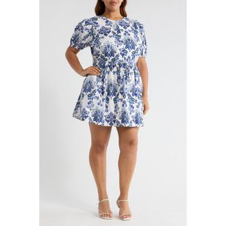 Sugarlips Viara Floral Alba Drawstring Waist Cotton Minidress in Blue-Whte at Nordstrom, Size 2X