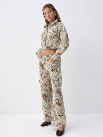 Twik Womens Beige floral tapestry cargo pant