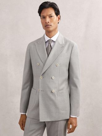 Reiss Soft Grey Wool Flannel Double-breasted Tailored-fit Blazer, 44R