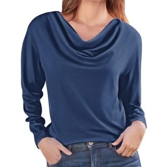 Generic Womens Long Sleeve Tops Cowl Neck Lightweight Casual Basic Tee Shirts Ladies Plain Autumn T-Shirt(Navy, XXXL) Regenjacke Wasserdicht