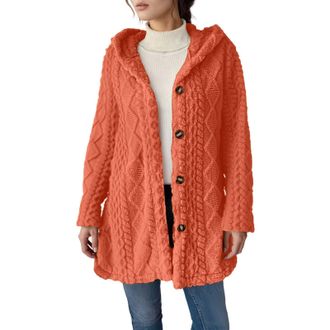 Generic Knitted Hoodie Womens Button Down Fluffy Longline Jacket Winter Warm Fleece Cardigan Coat Long Sleeve Button Front Sherpa Fleece Jacket Plus Size Knit