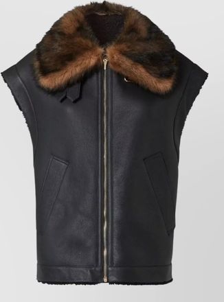 Fendi shearling vest leather collar side pockets