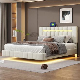 OEM Cama Doble 160x200 Beige Dise&ntilde;o Flotante Con Led Rgb Y Usb, Cama Para 2 Personas En Tela De Lino, Cabecera Ajustable