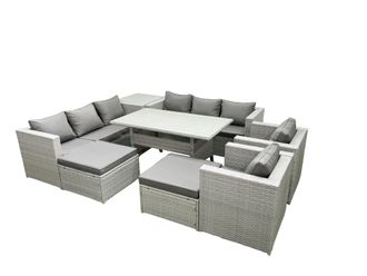 Fimous Rattan Garden Furniture Set Outdoor 8 Seater Patio Dinin g Sofa Sets with Dining Table 2 Chairs Side Table 2 Big Footstools Light Grey Mixed