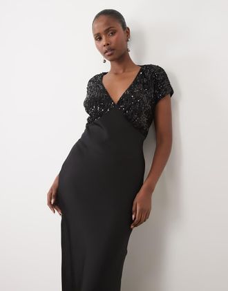 Vila vestito lungo in satin con inserto in paillettes nero