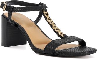 Dune London Ladies JOSINA Leather Gold Chain Embellished Studded T-Bar Sandals Size UK 4 Block Heeled Sandals