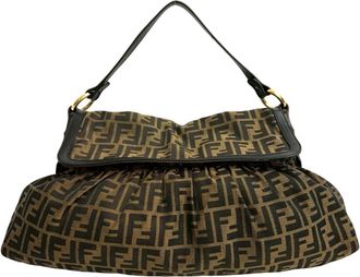 Fendi Black Brown Leather Canvas Shoulder Bag Tote Bag (Pre-Owned)