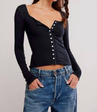 Free People End Game Pointelle Long Sleeve Top In Black