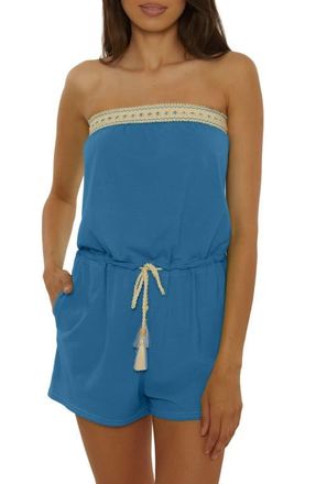 Lucky Brand Laguna Tie Waist Strapless Cover-Up Romper in Peacock at Nordstrom, Size Medium