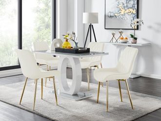 Furniturebox Giovani 4 Grey Dining Table & 4 Pesaro Gold Leg Chairs in Cream