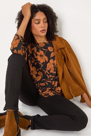 Roman Leaf Print Raglan Sleeve Stretch Top