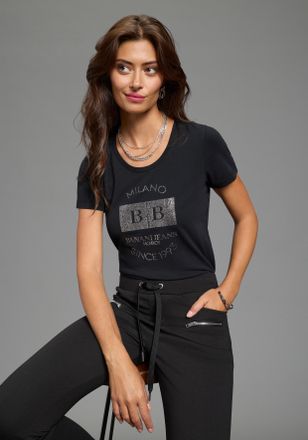 Bruno Banani T-Shirt BRUNO BANANI, Damen, Gr. 32/34, schwarz, Single Jersey, Obermaterial: 95% Baumwolle, 5% Elasthan, bedruckt, vintage, Basic h&uuml;ftlang, Rundhals,