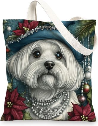 Generic Vintage Christmas Maltese Dog Canvas Tote Bag for Shopping 13x15, Retro Xmas Puppy Reusable Grocery Print Pattern Bag for Women, Pet Beach Aesthetic P