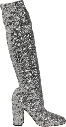 Dolce & Gabbana Zilveren Pailletten Glitter Hoge Hak Laarzen - Dames - Over de knie laarzen - Grijs - 37 1/2 EU - Pailletten - Schoenen