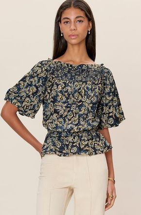 Rebecca Taylor Charlene Smocked Top in Navy Multi at Nordstrom, Size X-Small