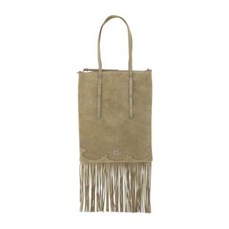 Pinko Tote Bags, female, Beige, Size: ONE SIZE Suede Shopping Bag with Fringes