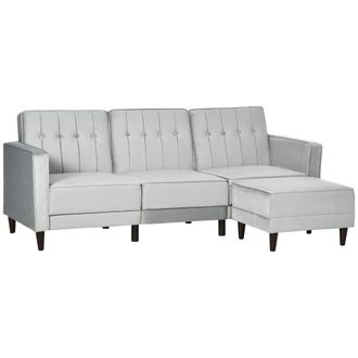 HOMCOM Corner Sofa Bed Reversible 3-Seater Sectional Sofa Set Velvet-Touch Sleeper Futon with Footstool - Light Grey | TJ Hughes