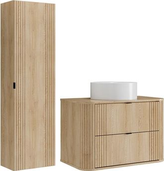 Vente-Unique Mueble de ba&ntilde;o suspendido con lavabo sobre encimera redondo y columna - Natural claro - 80 cm - FILOR