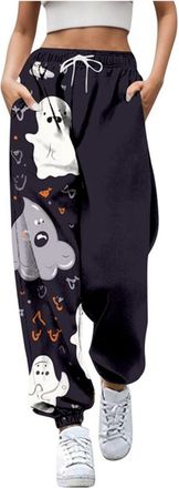 Generic Womens Halloween Sweatpants Funny Fresh Pumpkin Printed Loose Holiday Trousers with Pockets High Waisted Gym Athletic Joggers Pants (B02-Black, XXL)