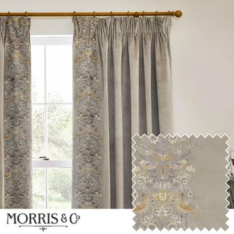 Morris & Co. Strawberry Thief Embroidered Velvet Room Darkening Pencil Pleat Curtain Pair in Beige | Size: 168 cm width x 229 cm drop