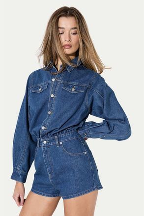 Misspap Structured Shoulder Denim Playsuit in Mid Wash at Nordstrom, Size 10