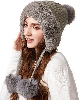 Generic Winter Beanie Hats for Women with Ear Flaps Fleece Lined Crochet Skull Cap Warm Cable Knitted Hat with Triple Pom Poms Ear Windproof for Outdoor Ski S