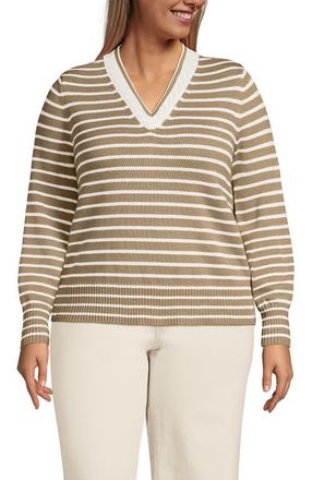 Lands End Drifter Set in Sleeve Vneck Sweater in Champagne/ivory Mini Stripe at Nordstrom, Size 3X